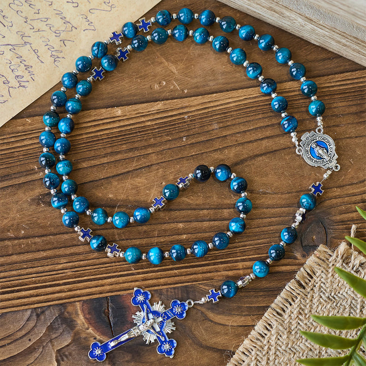 Christianartworkshop Shimmering Blue Tiger Eye Rosary with Enamel Cross for Prayerful Reflection - image 3