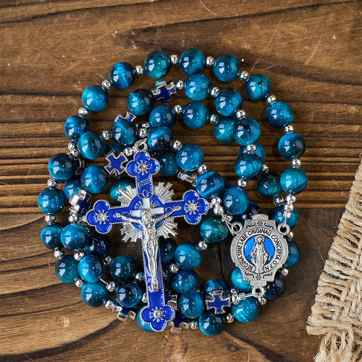 Christianartworkshop Shimmering Blue Tiger Eye Rosary with Enamel Cross for Prayerful Reflection - image 5