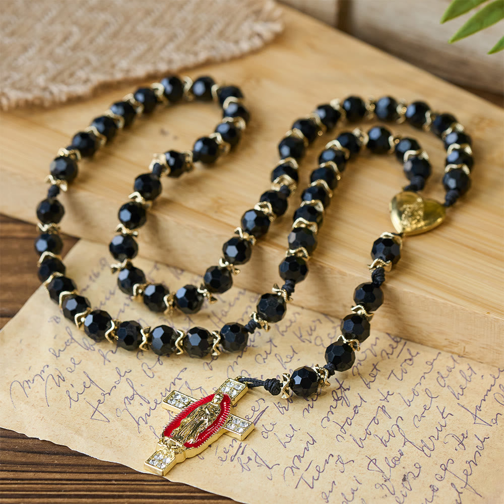 Christianartworkshop Elegant Black Faceted Glass Rosary with Our Lady Red Enamel Cross - image 3