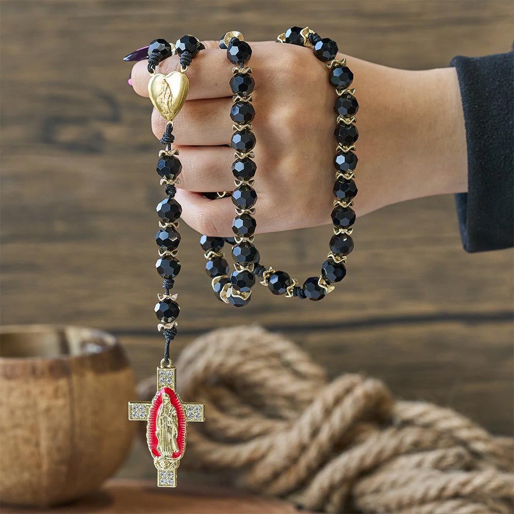 Christianartworkshop Elegant Black Faceted Glass Rosary with Our Lady Red Enamel Cross - image 2