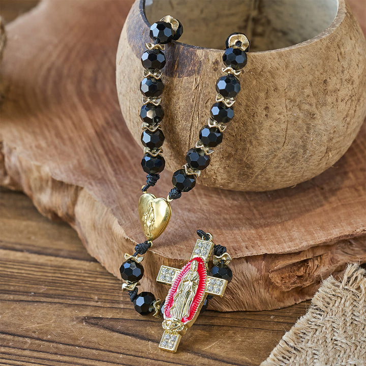 Christianartworkshop Elegant Black Faceted Glass Rosary with Our Lady Red Enamel Cross - image 6