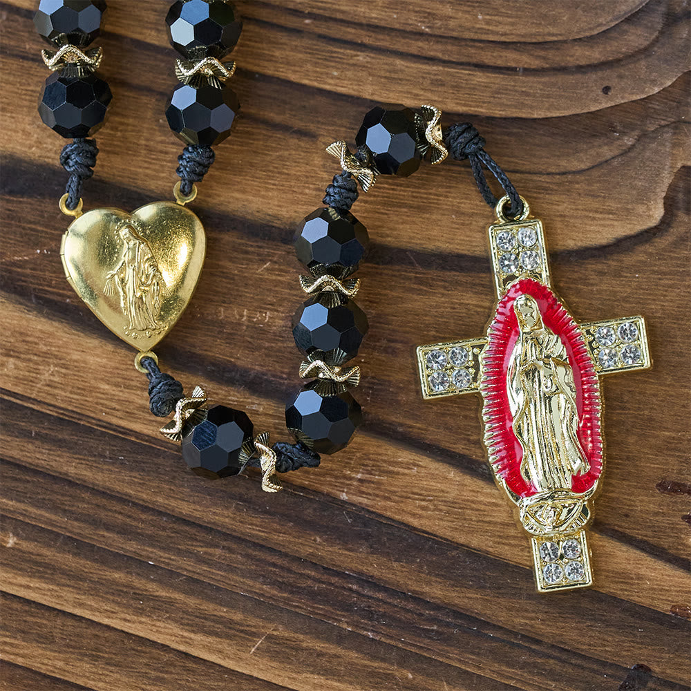Christianartworkshop Elegant Black Faceted Glass Rosary with Our Lady Red Enamel Cross - image 7