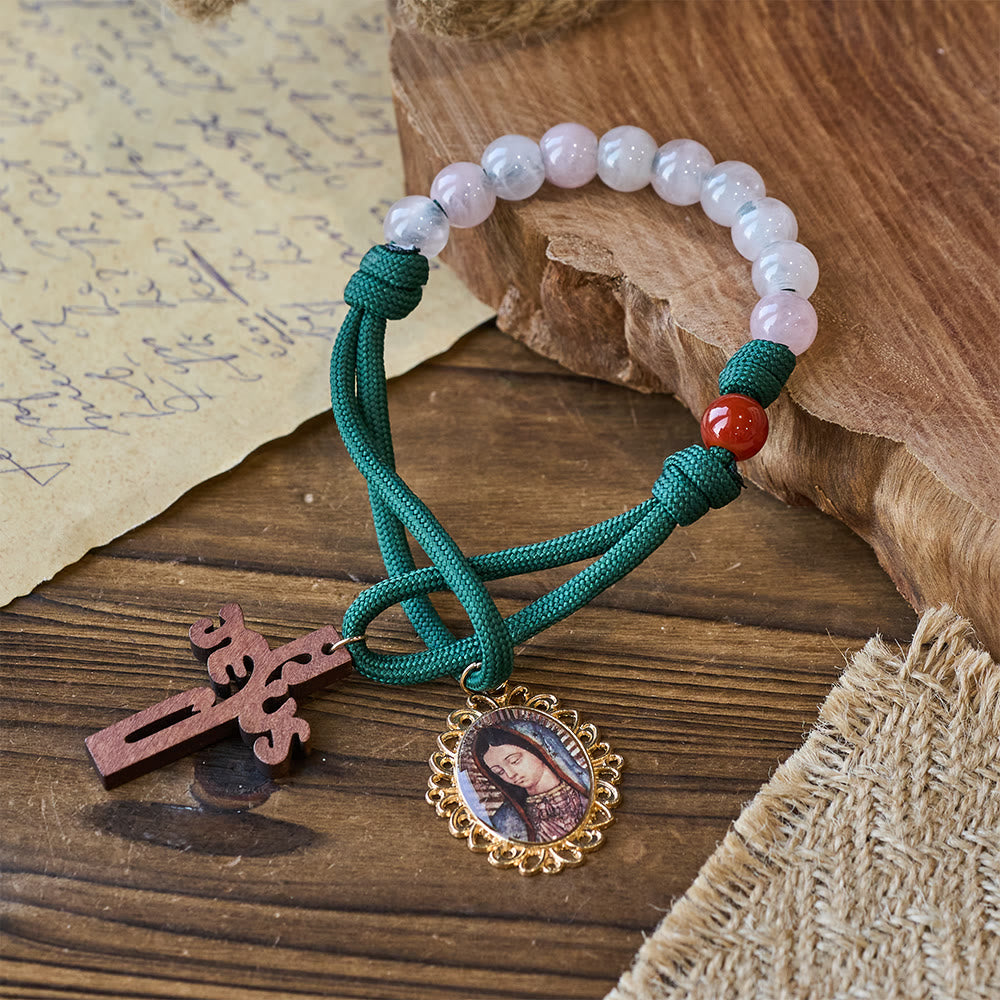Christianartworkshop Wearable Faith Pink Quartz & Red Agate Pocket Rosary with Our Lady Charm - image 2