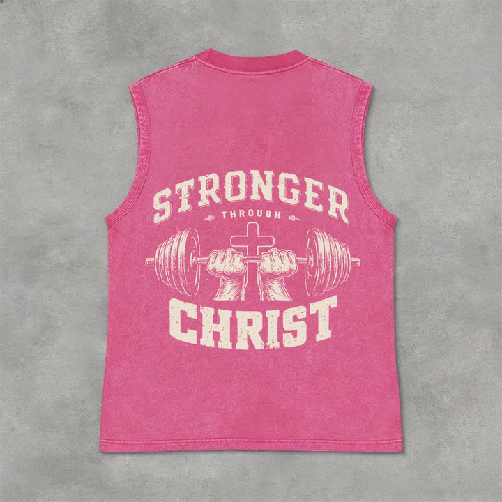 Christianartworkshop Stronger Through Christ Barbell Cross Unisex Washed Tank Top - Pink - 2XL - image 12