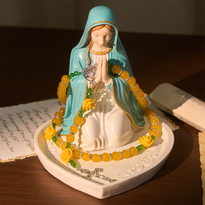 Christianartworkshop Easter Yellow Jade & Rose Bead Garden of Faith Rosary with Delicate Cross - image 5