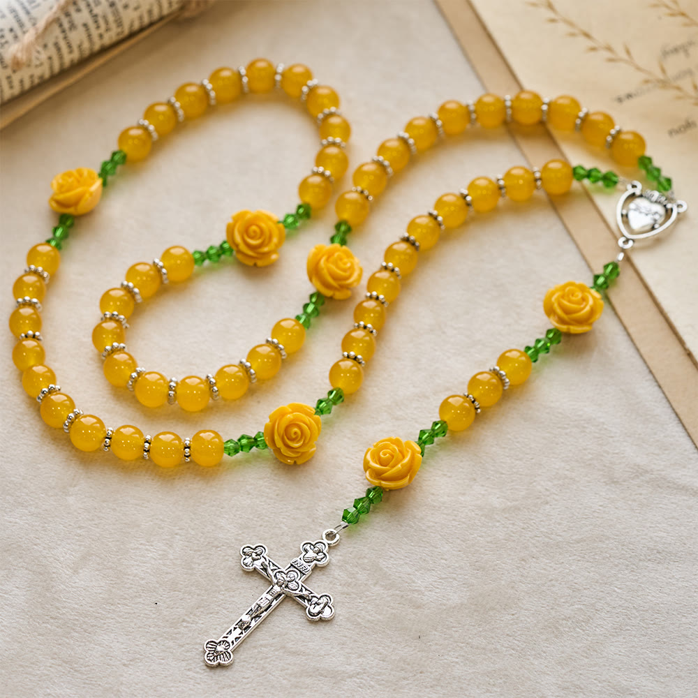 Christianartworkshop Easter Yellow Jade & Rose Bead Garden of Faith Rosary with Delicate Cross - Yellow Jade & Rose Bead - image 0