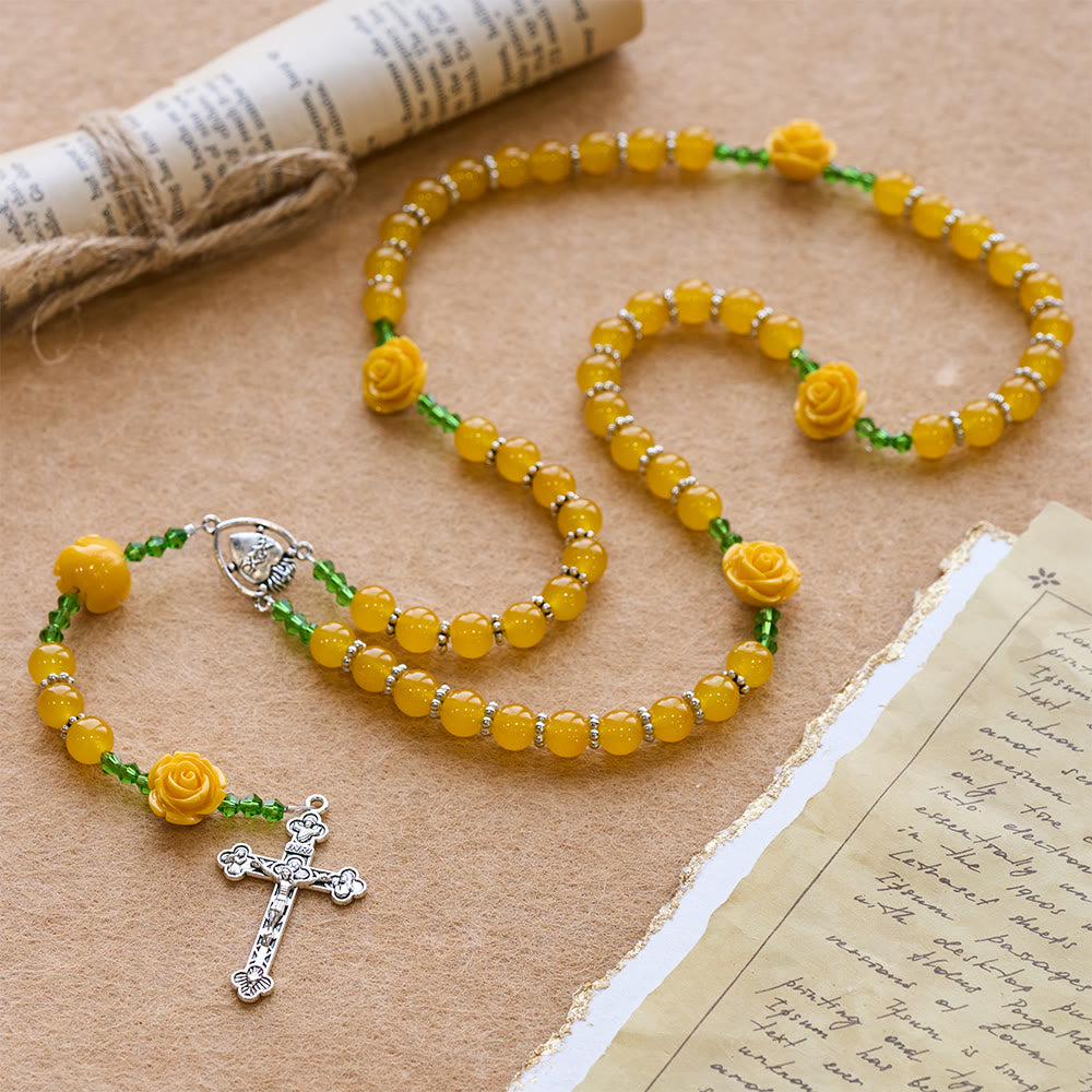 Christianartworkshop Easter Yellow Jade & Rose Bead Garden of Faith Rosary with Delicate Cross - image 4