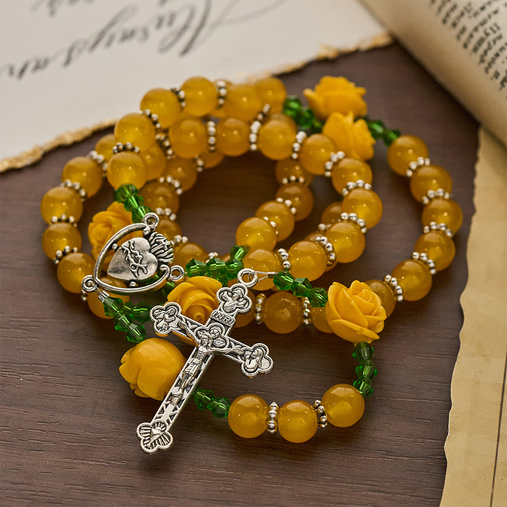 Christianartworkshop Easter Yellow Jade & Rose Bead Garden of Faith Rosary with Delicate Cross - image 6