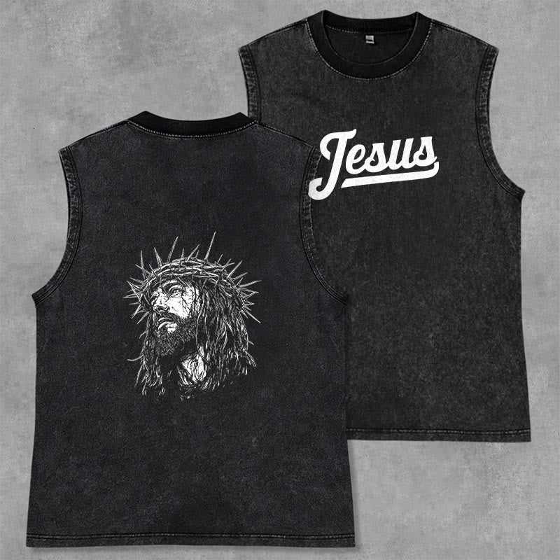 Christianartworkshop Jesus: Crown of Thorns Sketch Unisex Washed Tank Top - Black - 2XL - image 0