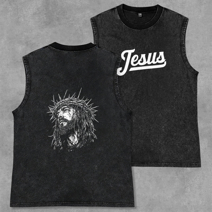 Christianartworkshop Jesus: Crown of Thorns Sketch Unisex Washed Tank Top - Black - 2XL - image 0