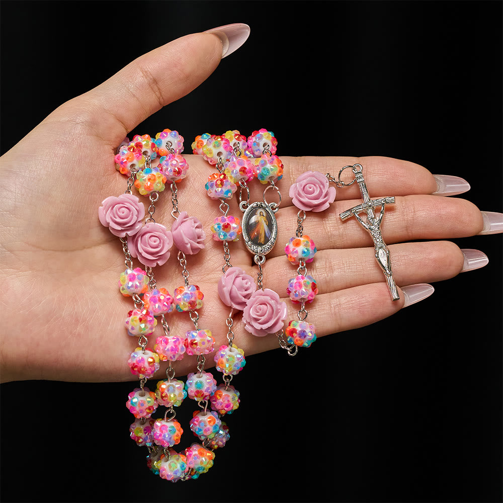 Christianartworkshop Easter Pink Rose & Sparkling Multicolor Diamond Beads Rosary with Divine Mercy - image 1