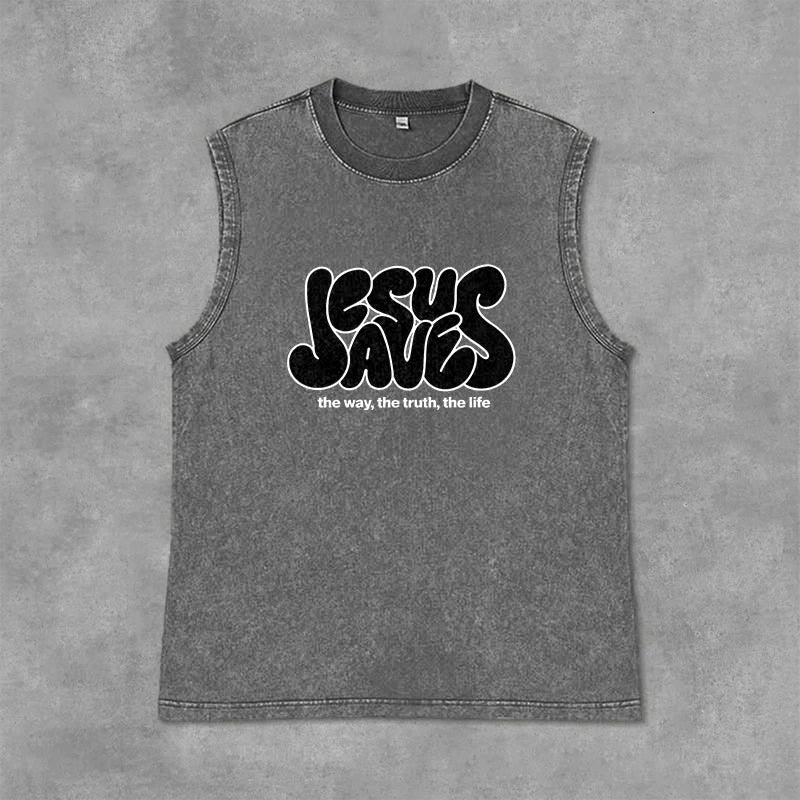 Christianartworkshop Jesus Saves Retro Unisex Washed Tank Top - Grey - 2XL - image 6