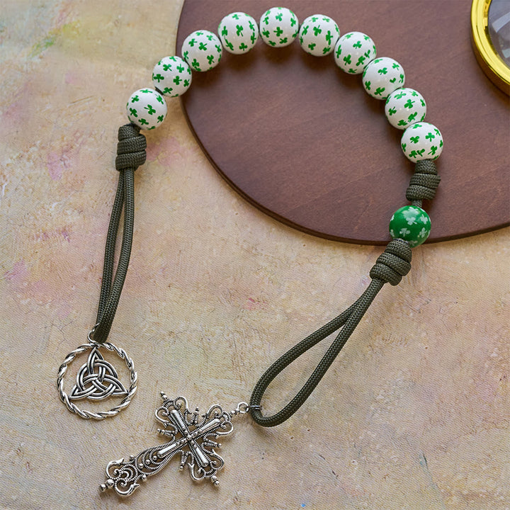 Christianartworkshop Irish Blessing Lucky Faith Pocket Rosary  with Eternal Knot Green White Wood Beads - image 4