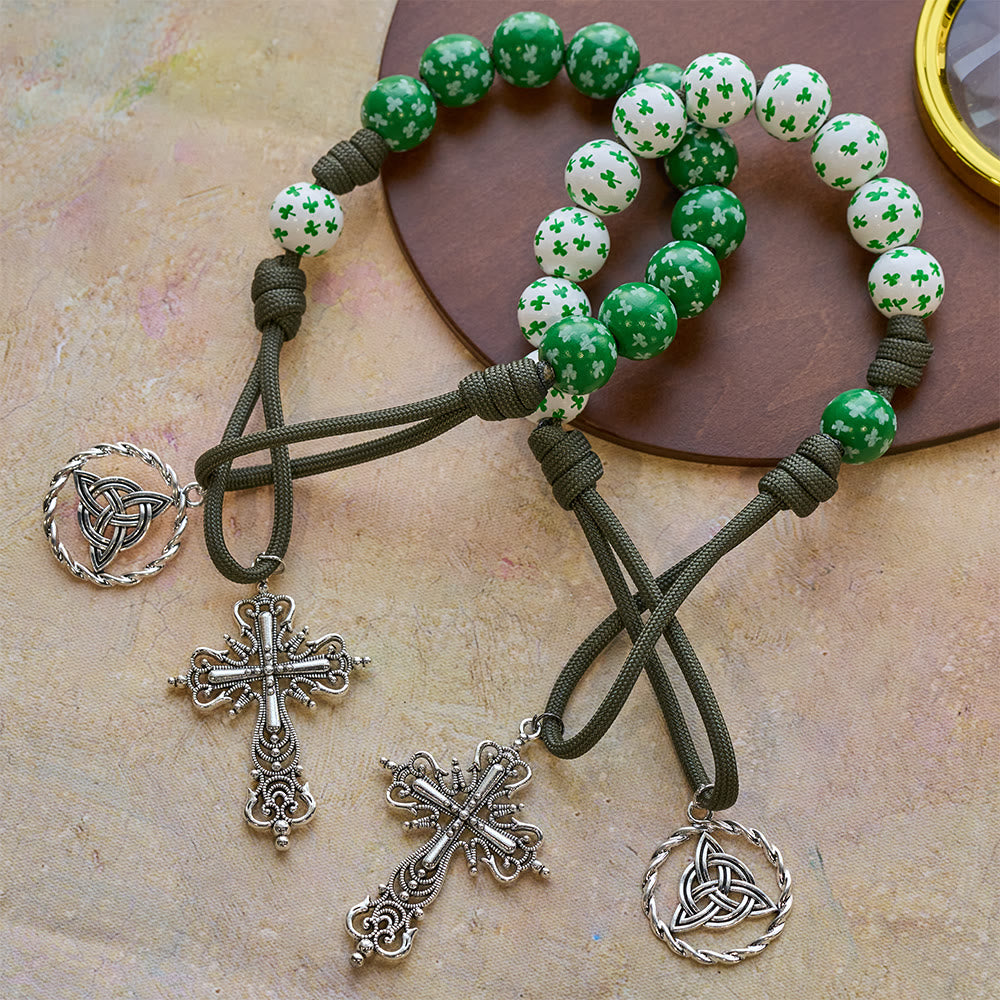 Christianartworkshop Irish Blessing Lucky Faith Pocket Rosary  with Eternal Knot Green White Wood Beads - image 0