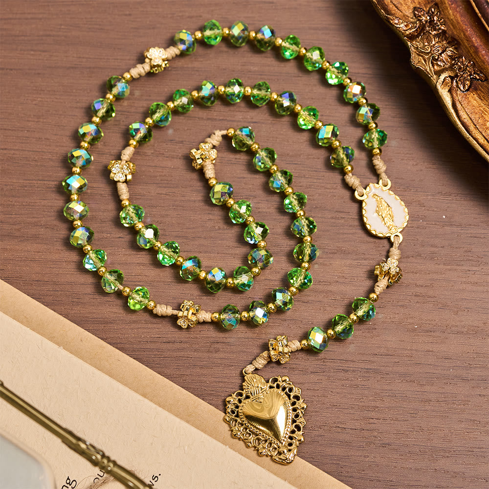 Christianartworkshop Lucky Clover & Sacred Heart Rosary with Green Iridescent Beads & Sacred Heart Medal - Our Lady & Sacred Heart - image 0
