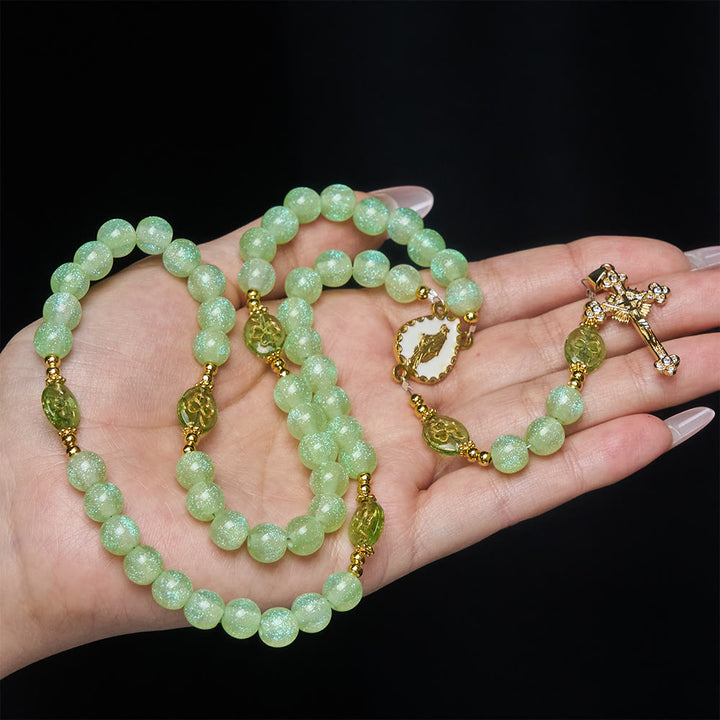 Christianartworkshop Celtic Blessing Shimmering Green Rosary: Lucky Shamrock with Golden Charm - Our Lady & Crucifix - image 0