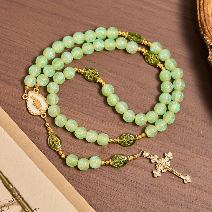 Christianartworkshop Celtic Blessing Shimmering Green Rosary: Lucky Shamrock with Golden Charm - image 2
