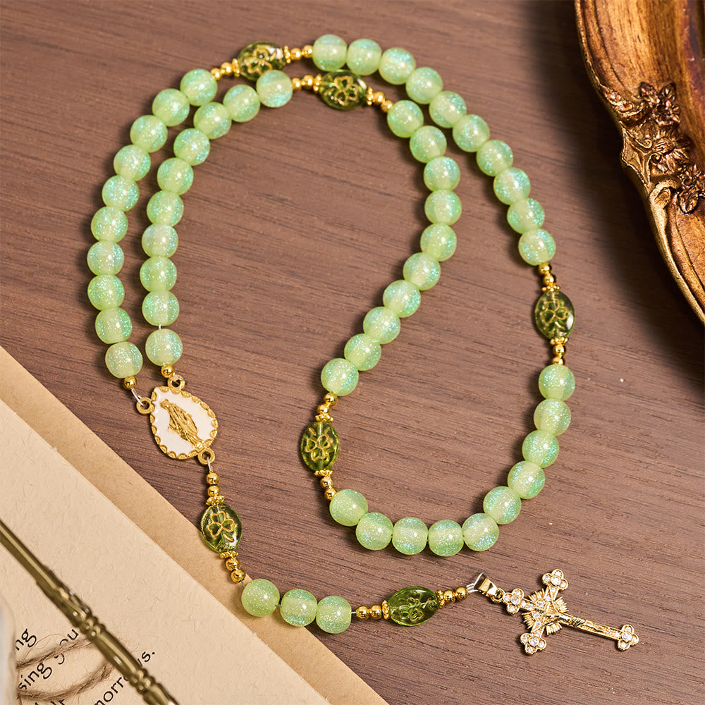 Christianartworkshop Celtic Blessing Cat's Eye Rosary:Lucky Shamrock with Golden Charm - image 3