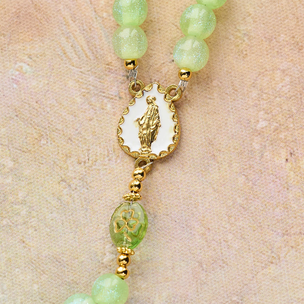 Christianartworkshop Celtic Blessing Shimmering Green Rosary: Lucky Shamrock with Golden Charm - image 8