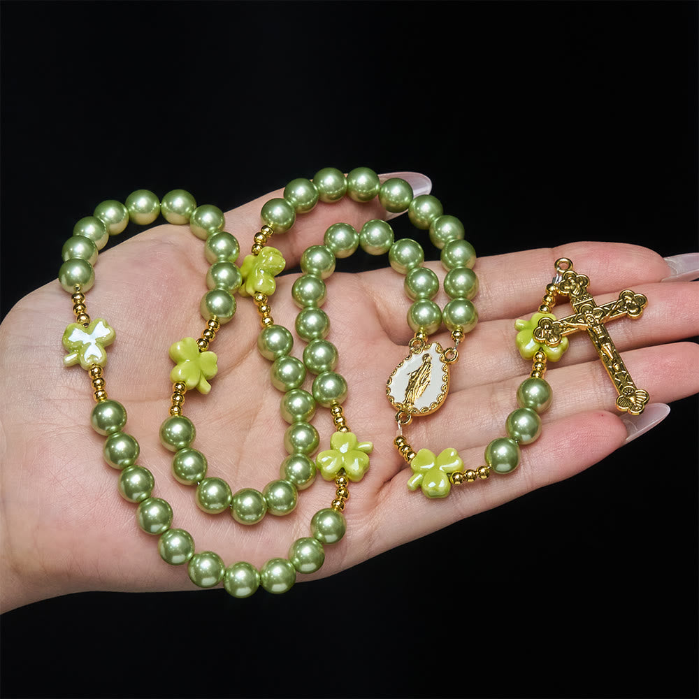 Christianartworkshop St. Patrick's Green Rosary with Lucky Ceramic Clover with Our Lady Center - image 1