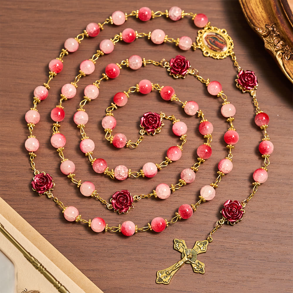 Christianartworkshop Gradient Red White Glass & Carved Rose Rosary with Golden Crucifix - Our Lady & Crucifix - image 0
