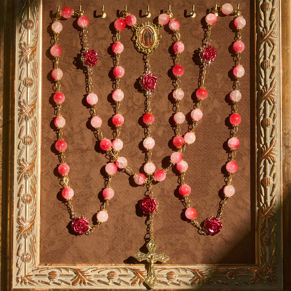 Christianartworkshop Gradient Red White Glass & Carved Rose Rosary with Golden Crucifix - image 2