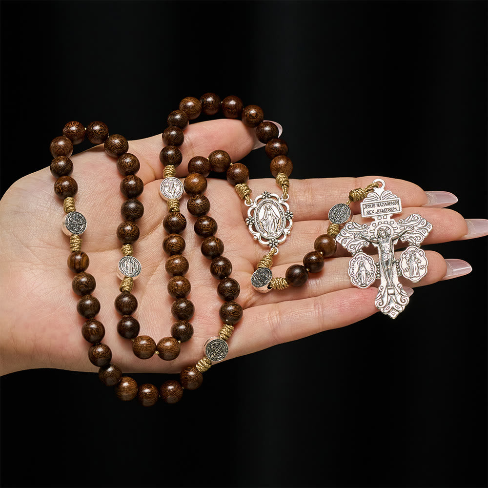 Christianartworkshop Vintage Amboyna Wood Rosary with St. Benedict Guardian - image 1