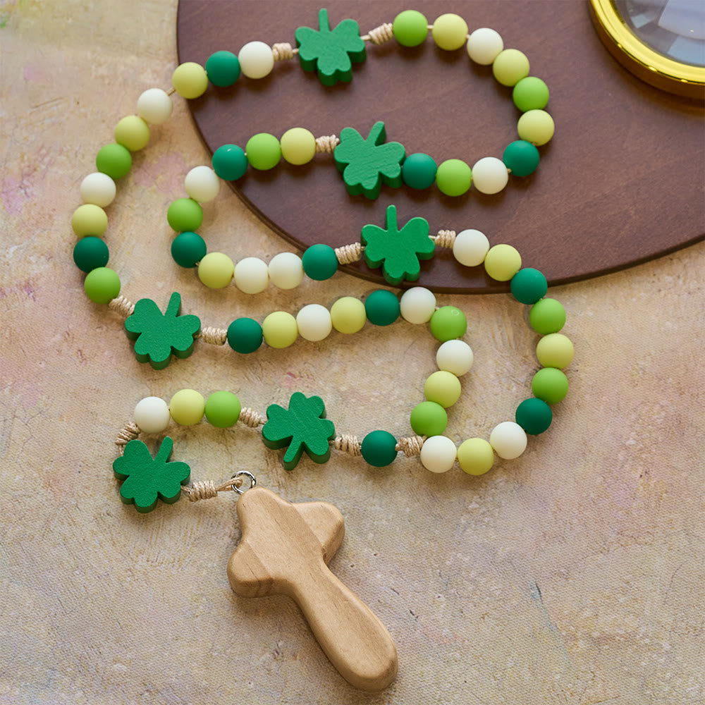 Christianartworkshop Children's St. Patrick Rosary: Gradient Beads with Wooden Clover and Cross - Children's St. Patrick Rosary - image 0