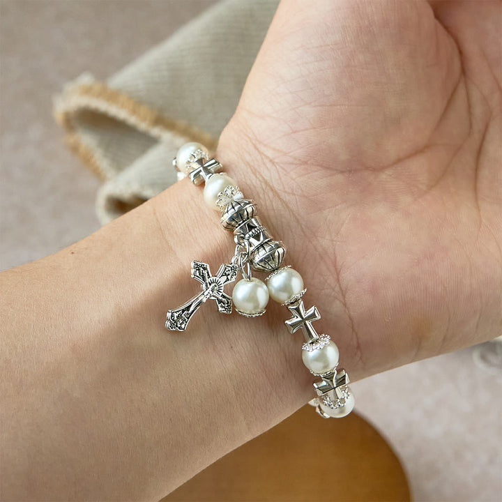 Christianartworkshop Silver Cross Accent Beaded Bracelet: Embody the Grace of Prayerful Reflection - image 2