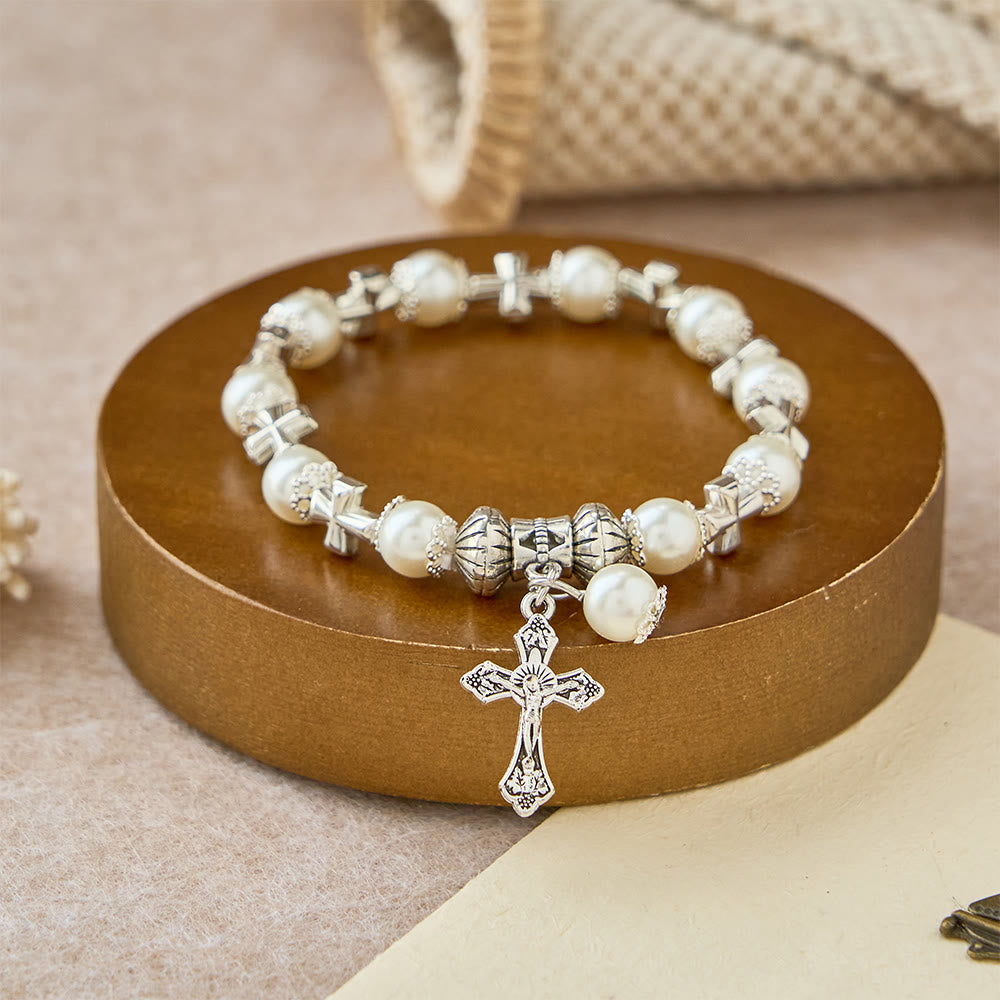 Christianartworkshop Silver Cross Accent Beaded Bracelet: Embody the Grace of Prayerful Reflection - White - image 0