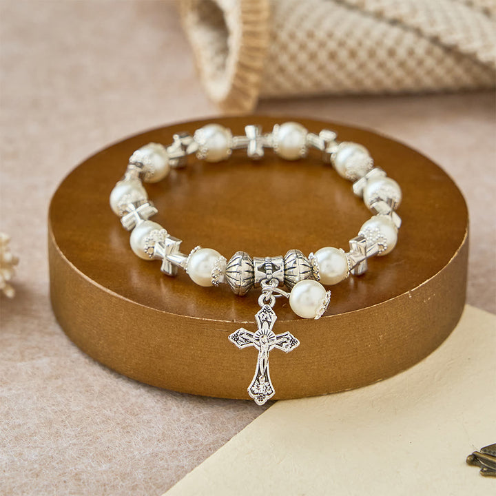 Christianartworkshop Silver Cross Accent Beaded Bracelet: Embody the Grace of Prayerful Reflection - White - image 0