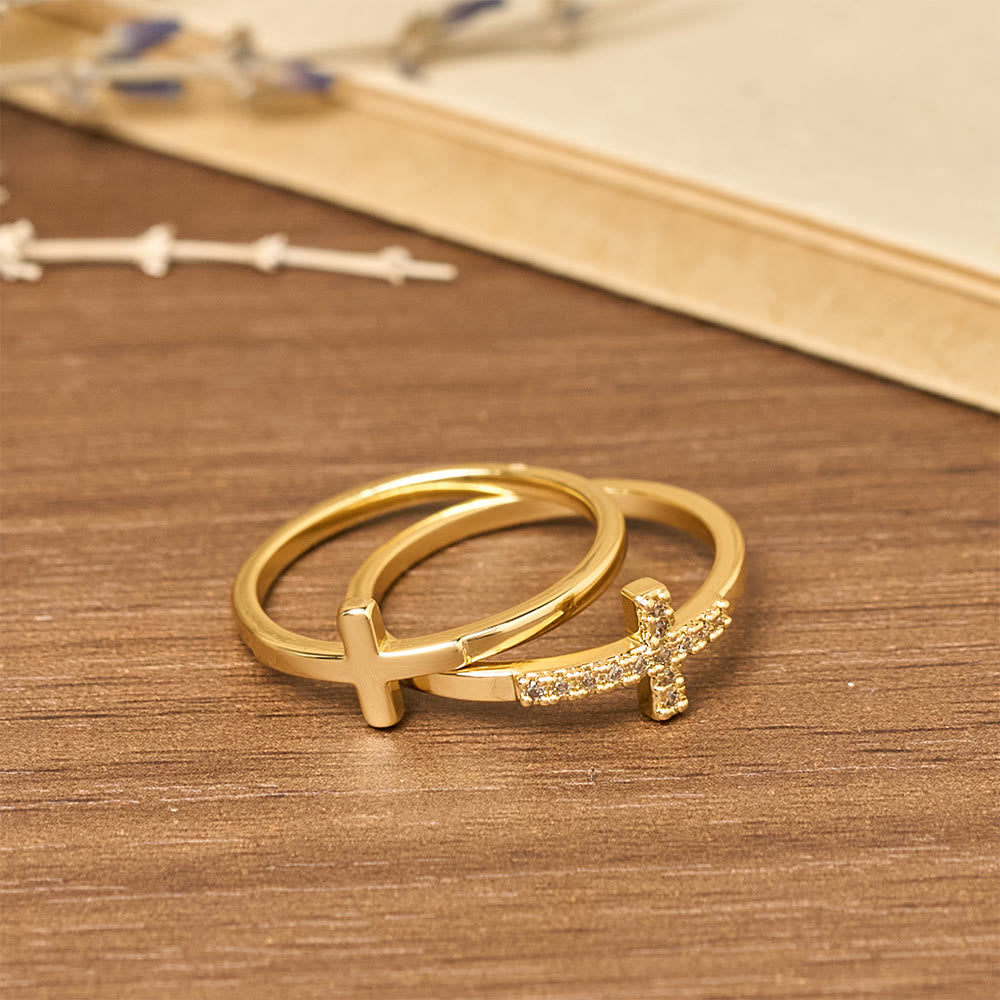 Christianartworkshop Dual Cross Ring Set: Polished Metal & Zircon-Encrusted Styles for Daily Devotion - Set of 2 - US 9 - image 0