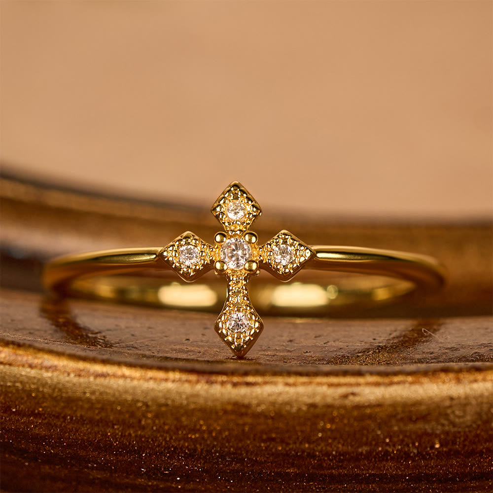 Christianartworkshop Zircon-Encrusted Cross Ring: Timeless Devotion in Golden, Silver, and Rosegold - Golden - US 10 - image 0