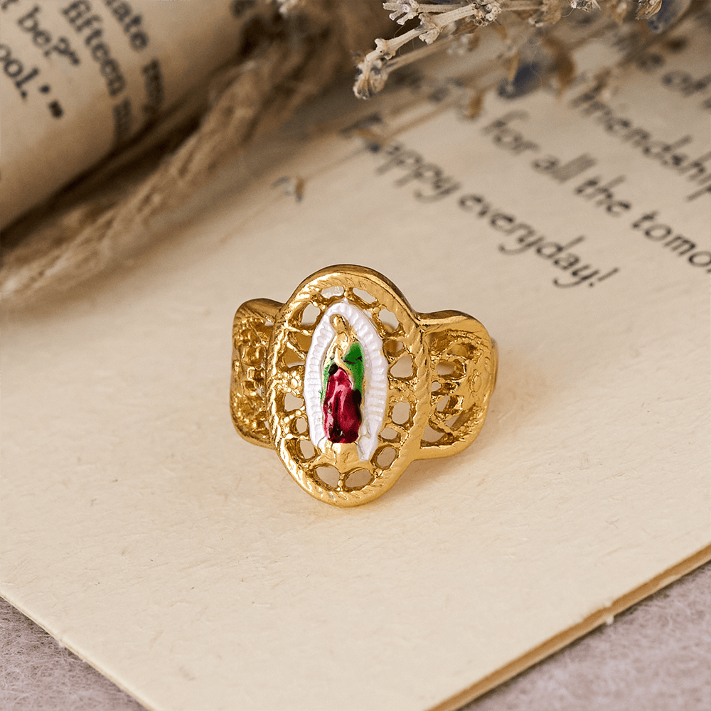 Christianartworkshop Ornate Openwork Our Lady Ring: Three Color Variations for Timeless Devotion - Red & Green(Suitable for US sizes 6-9) - image 0