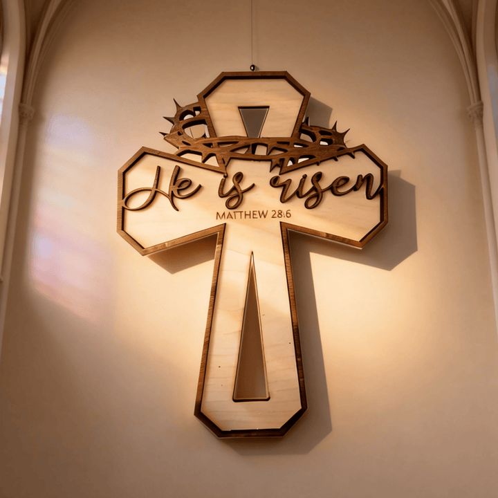 Christianartworkshop Matthew 28:6 Engraved Cross Wall Decor with Crown of Thorns Motif: Celebrate the Resurrection - Cross - image 0