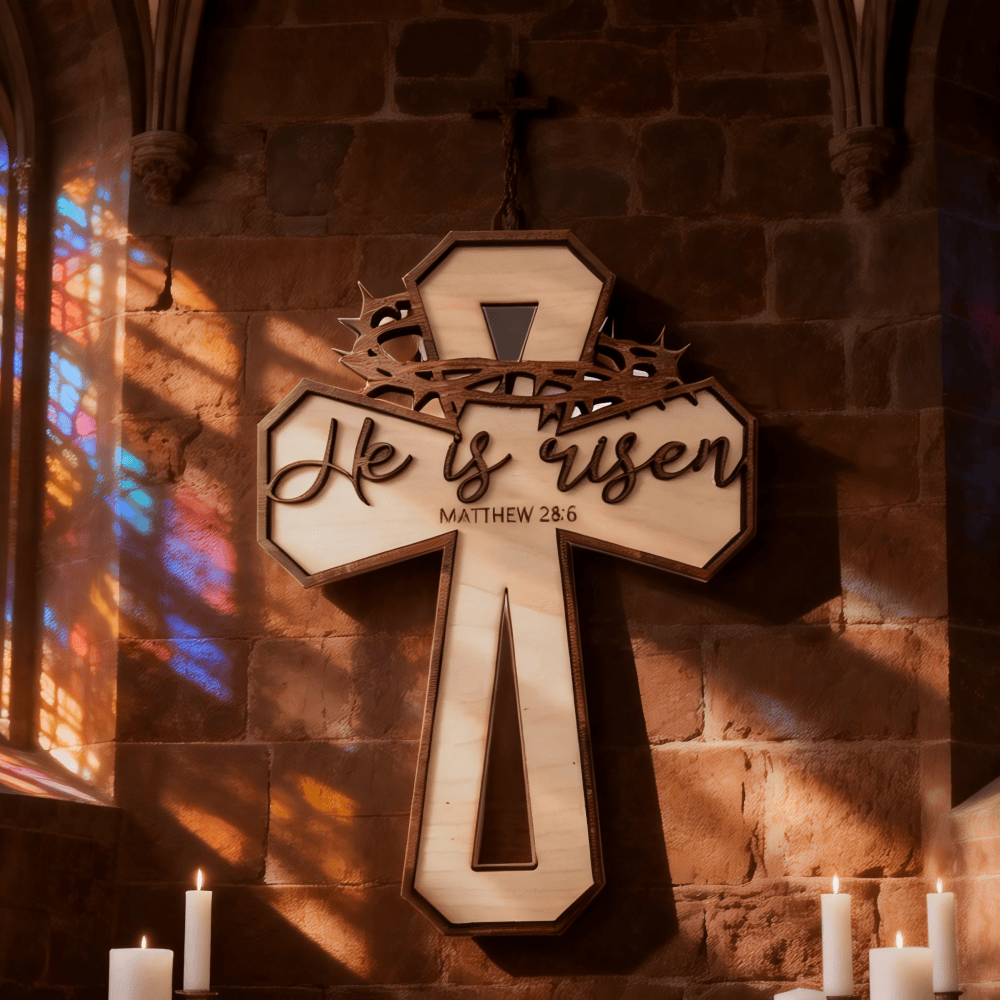 Christianartworkshop Matthew 28:6 Engraved Cross Wall Decor with Crown of Thorns Motif: Celebrate the Resurrection - image 2