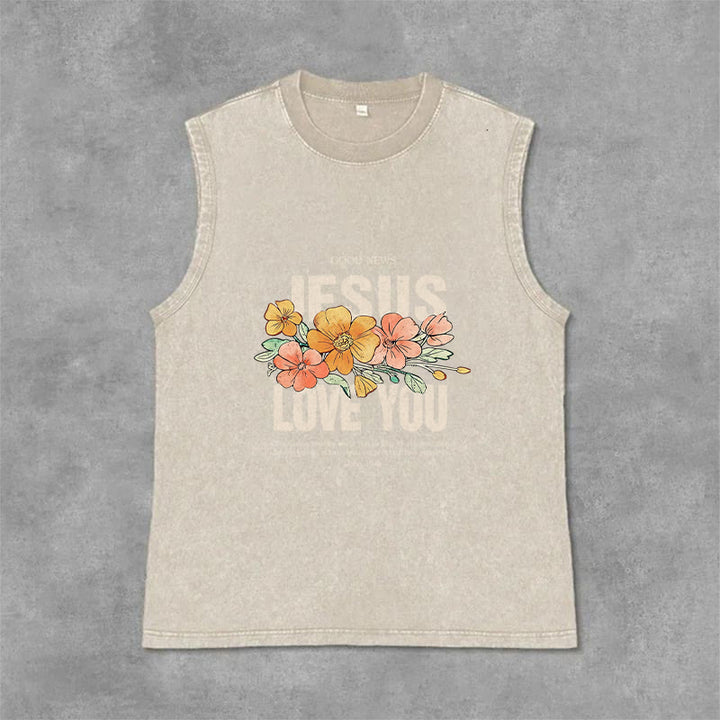 Christianartworkshop Jesus Loves You Floral Unisex Washed Tank Top - Beige - 2XL - image 9