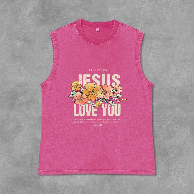 Christianartworkshop Jesus Loves You Floral Unisex Washed Tank Top - Pink - 2XL - image 3
