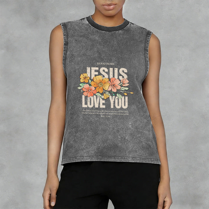 Christianartworkshop Jesus Loves You Floral Unisex Washed Tank Top - image 10