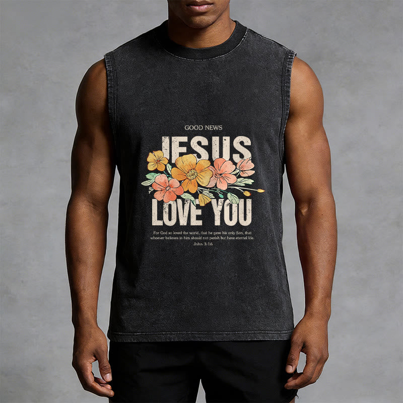 Christianartworkshop Jesus Loves You Floral Unisex Washed Tank Top - image 2