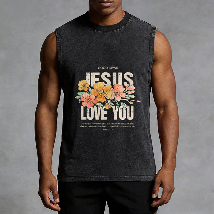 Christianartworkshop Jesus Loves You Floral Unisex Washed Tank Top - image 5