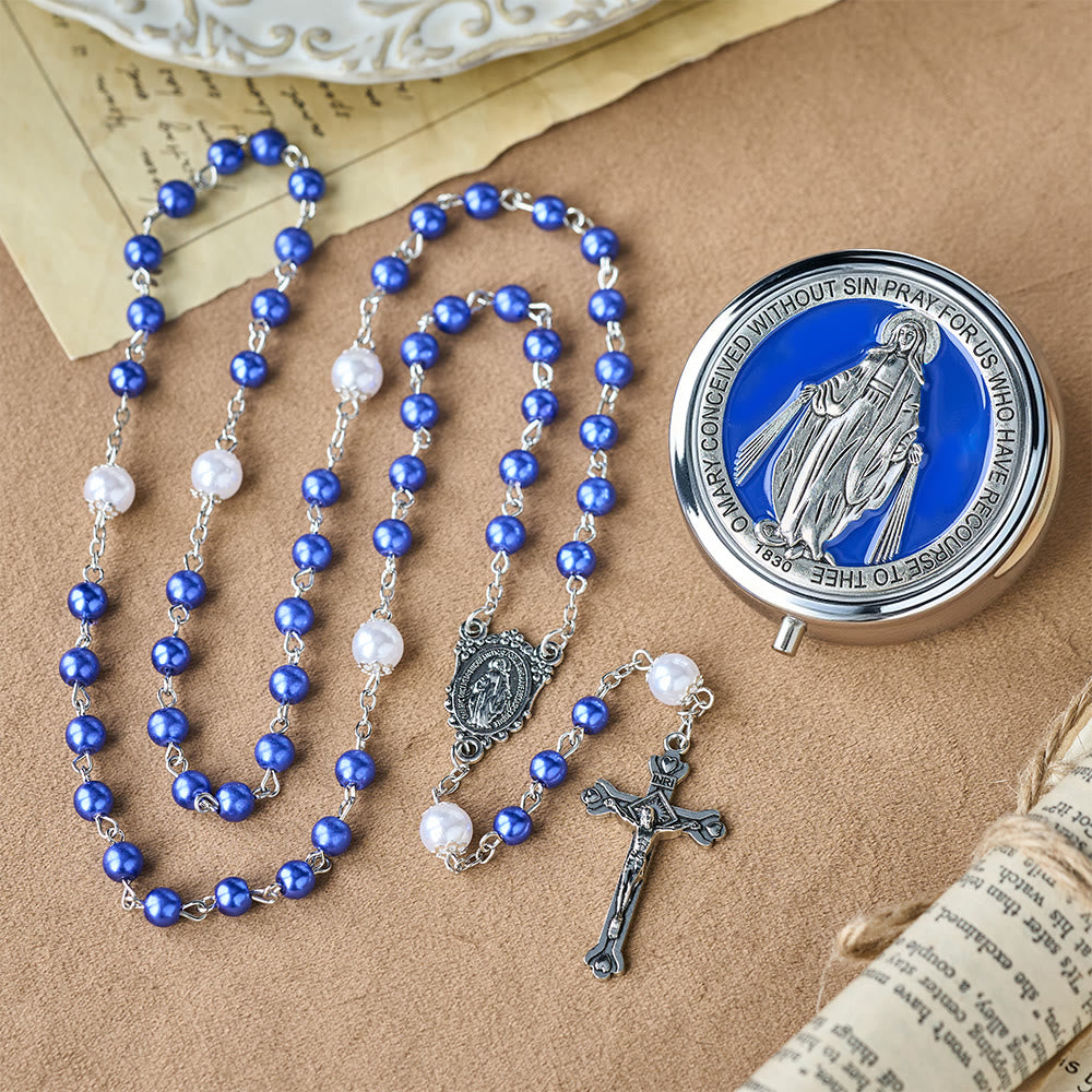 Christianartworkshop Devotional Rosary with Storage Box: Our Lady Medal and Crucifix for Prayerful Reflection - Blue - image 0