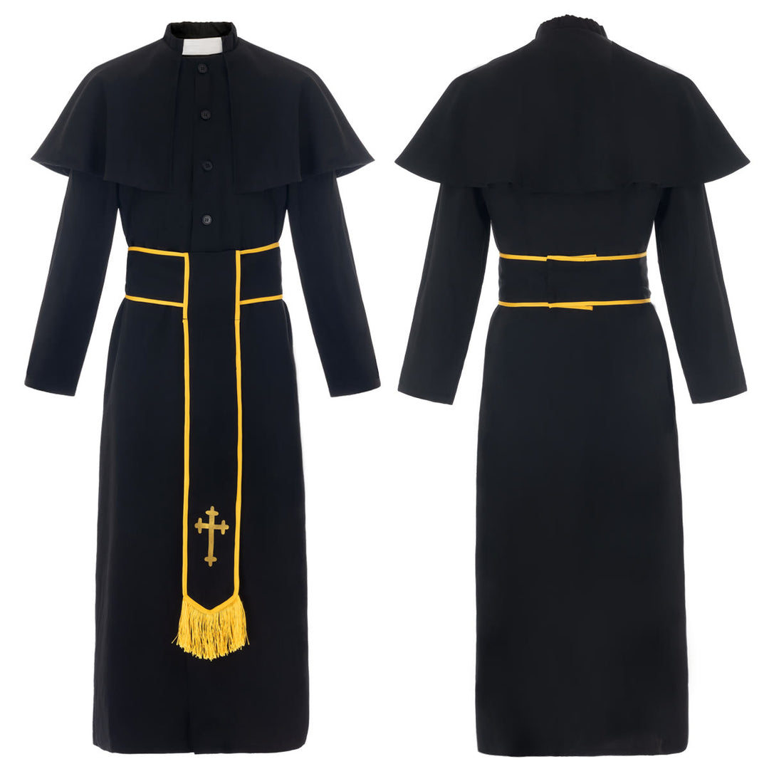 Christianartworkshop Medieval Style Black Cassock Clergy Robe with Cross Tassel Belt and Shawl Collar - 3XL - image 1
