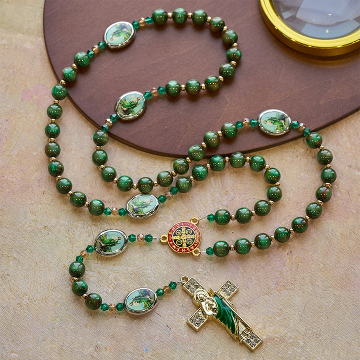 Christianartworkshop Green Sparkle Beads St. Jude Rosary: St. Jude Patron of Hope - St. Jude & St. Benedict - image 0