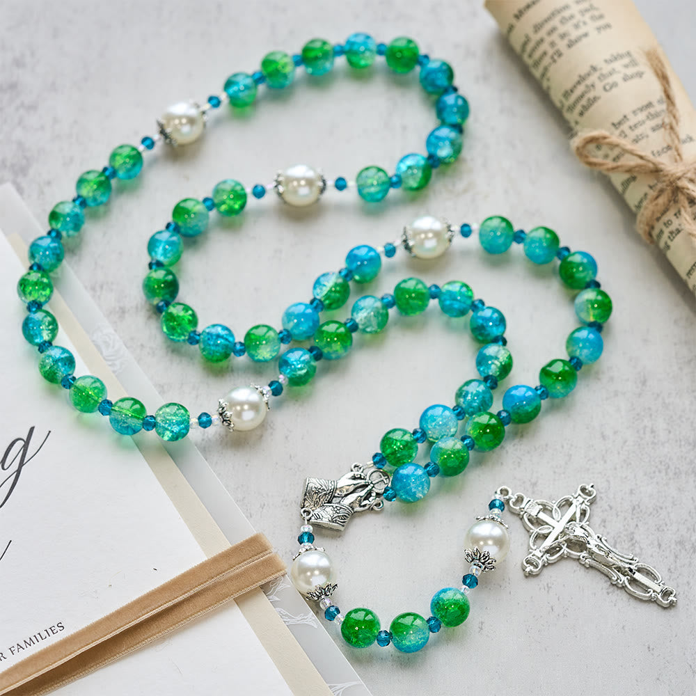 Christianartworkshop Blue Green Gradient Glass Rosary with Praying Hands & Crucifix - image 3