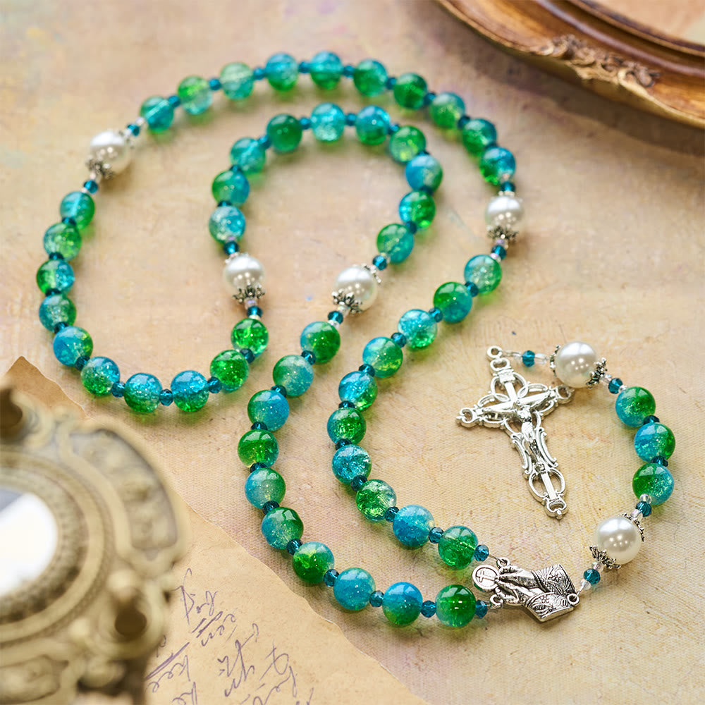 Christianartworkshop Blue Green Gradient Glass Rosary with Praying Hands & Crucifix - Praying Hands & Crucifix - image 0