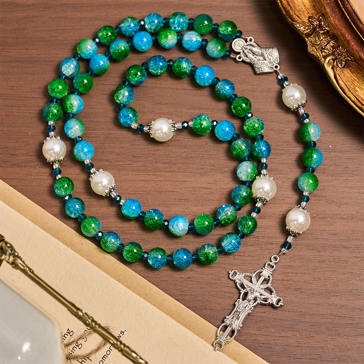 Christianartworkshop Blue Green Gradient Glass Rosary with Praying Hands & Crucifix - image 4