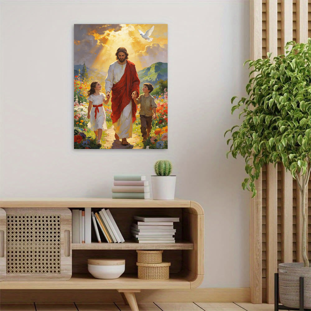 Christianartworkshop Golden Light Jesus Walks with Children Christian Wall Art Print: Embody the Joy of Childlike Faith - image 1