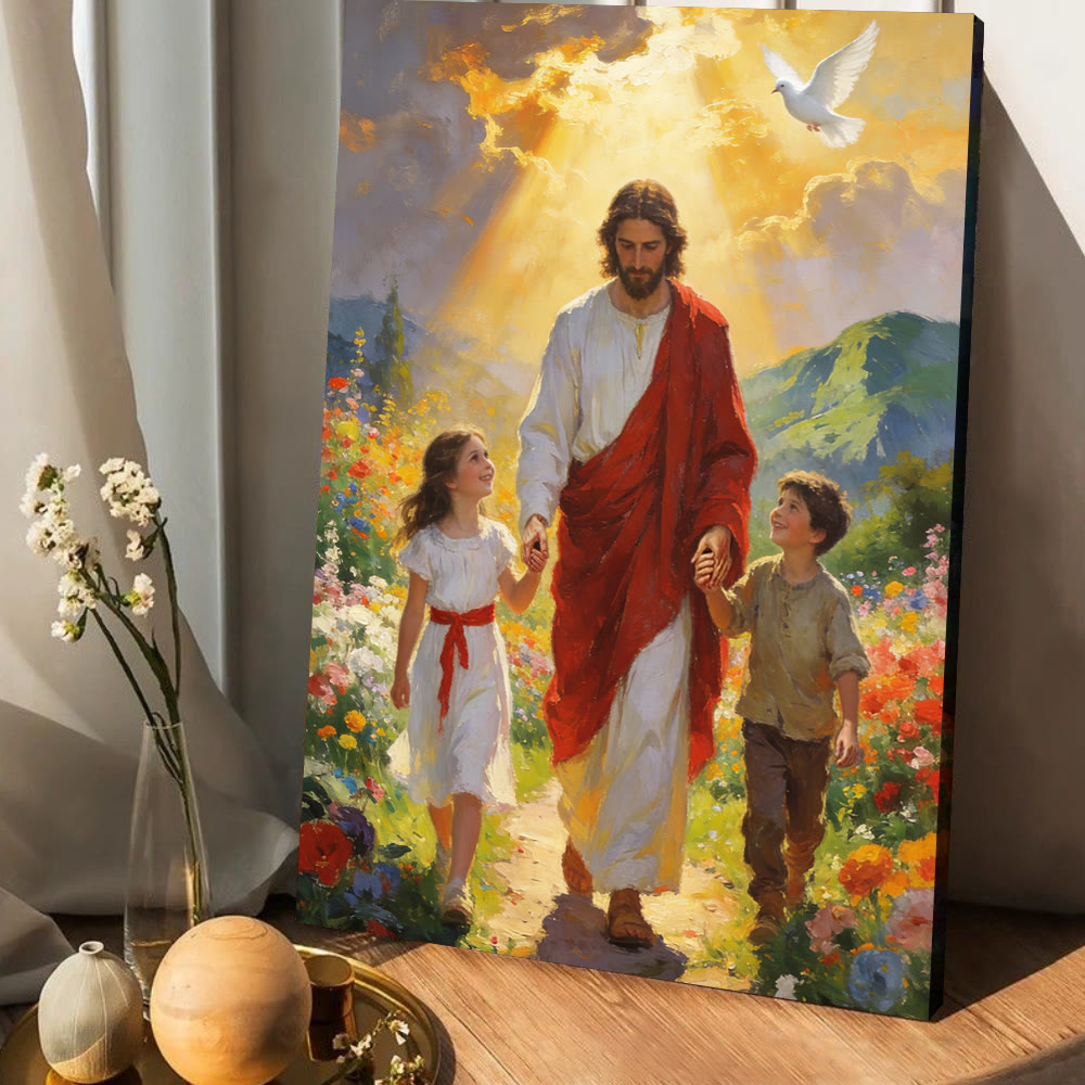 Christianartworkshop Golden Light Jesus Walks with Children Christian Wall Art Print: Embody the Joy of Childlike Faith - image 3