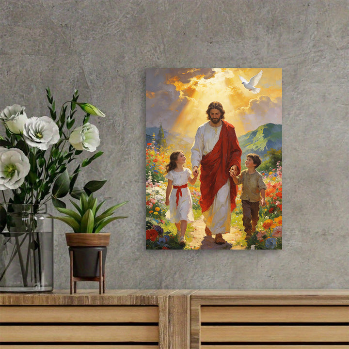 Christianartworkshop Golden Light Jesus Walks with Children Christian Wall Art Print: Embody the Joy of Childlike Faith - Framed Canvas Painting - 13.77"*19.58"*0.59"/35*50*1.5cm - image 0